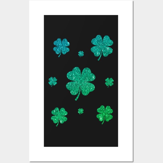 St Patricks Day, Ombre Green 4 Leaf Faux Glitter Clovers Wall Art by Felicity-K